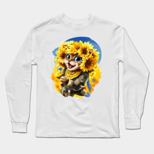 Ukrainian girl cat in a wreath of sunflowers Long Sleeve T-Shirt